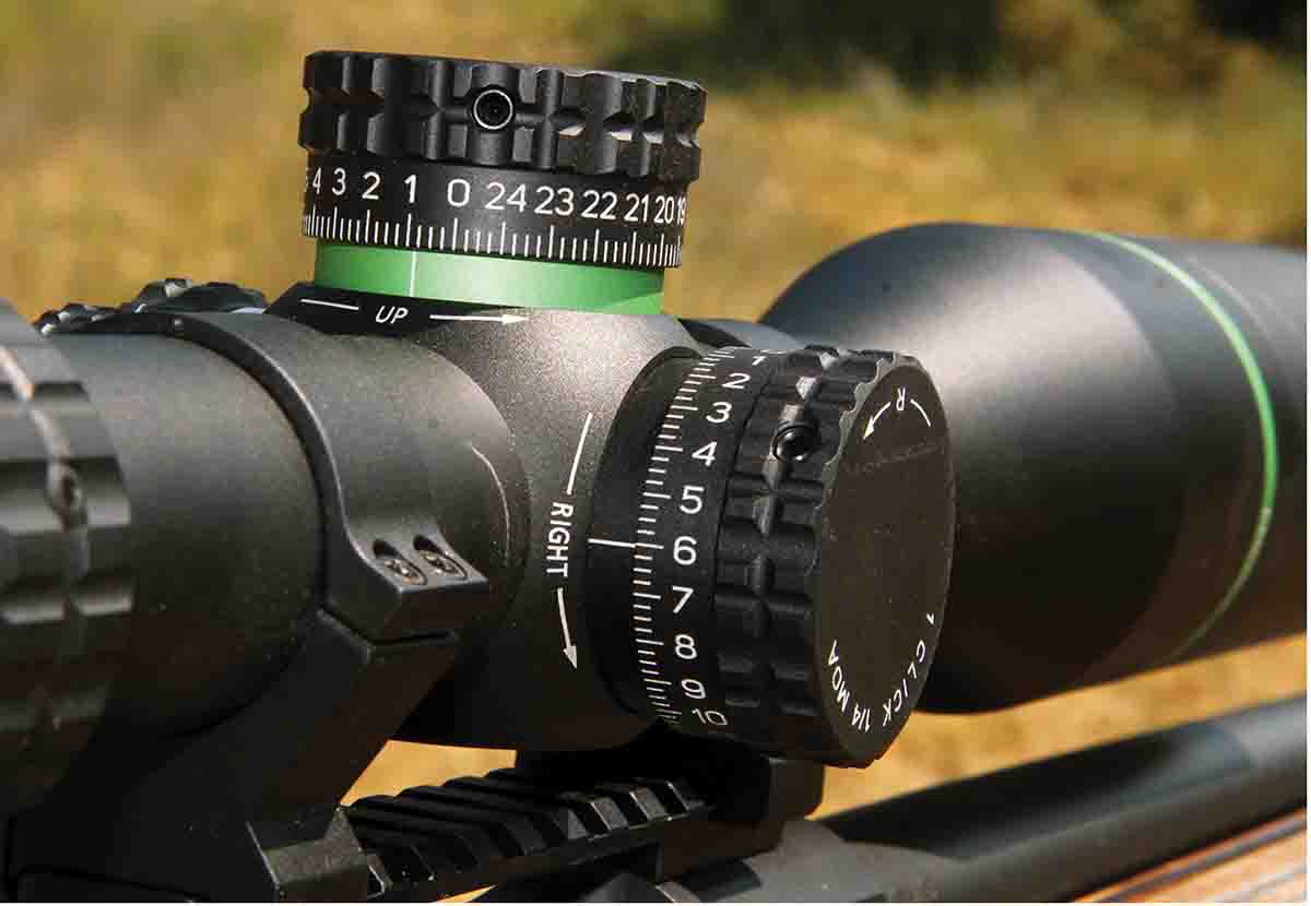 The body of the Emerge 4-32 x 56mm FFP MOA is marked with “UP” and “RIGHT” and direction arrows, so quick corrections can be made while still behind the optic.